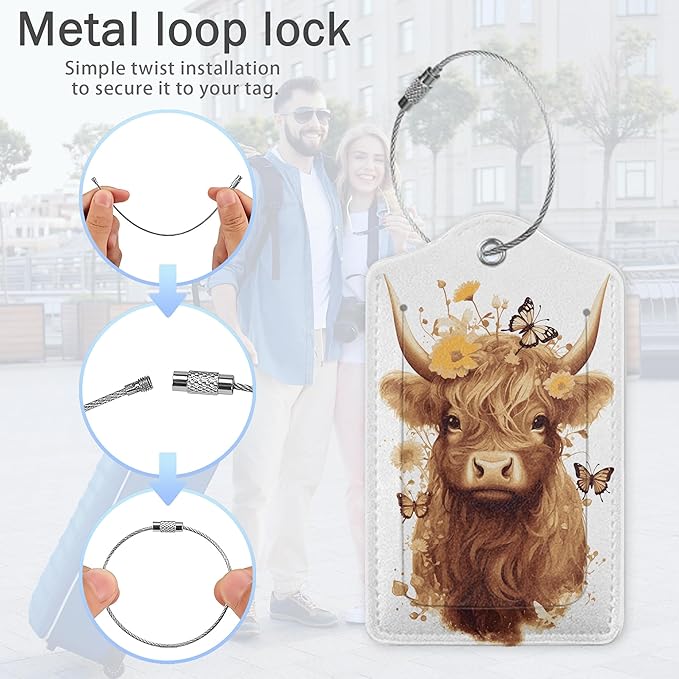 Highland Cow Luggage Tags for Suitcase,Flower Luggage Tags of Set 2 Leather Identifiers Privacy Cover with Stainless Steel Loop for Women Men Travel Bag Suitcase