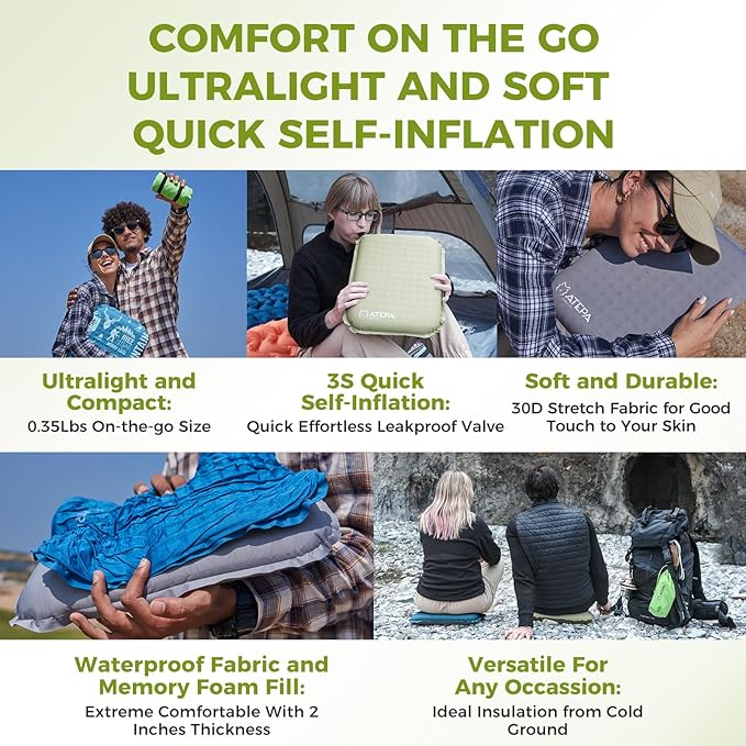 ATEPA Inflatable Stadium Seat Cushion, Self-Inflating Memory Foam Stadium Seats Bleacher Seat Chair Cushion Pad for Airplane Travel Backpacking Sports Events