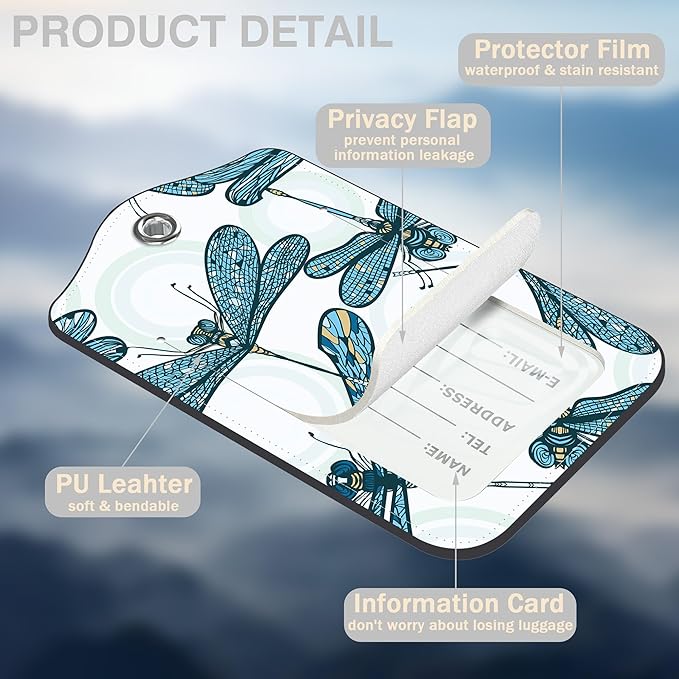 2 Pack Luggage Tags for Suitcases Vintage Blue Dragonflies Leather Luggage Tags Privacy Cover ID Label with Stainless Steel Loop and Address Card for Women Men Travel Bag Backpack