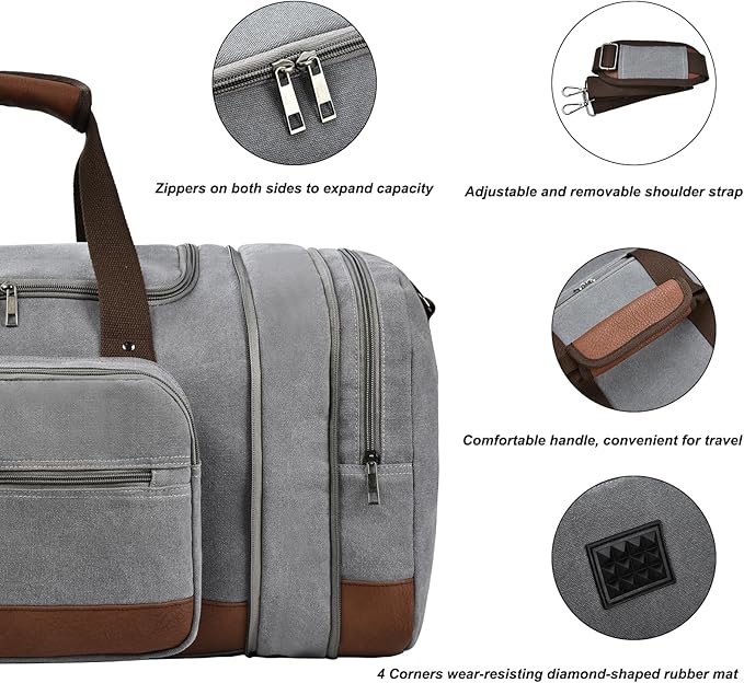 Litvyak Duffle Bag for Travel, Large 60L Canvas Travel Duffel Bags Overnight Weekend Gym Carry On Luggage Bag for Men & Women(Grey)
