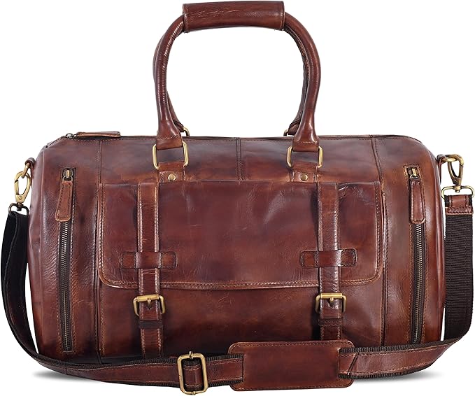 Genuine Leather Duffle Bag for Men | Vintage Weekender Travel Bag | Overnight Carry-On Luggage | Handmade Leather Gym Bag for Men