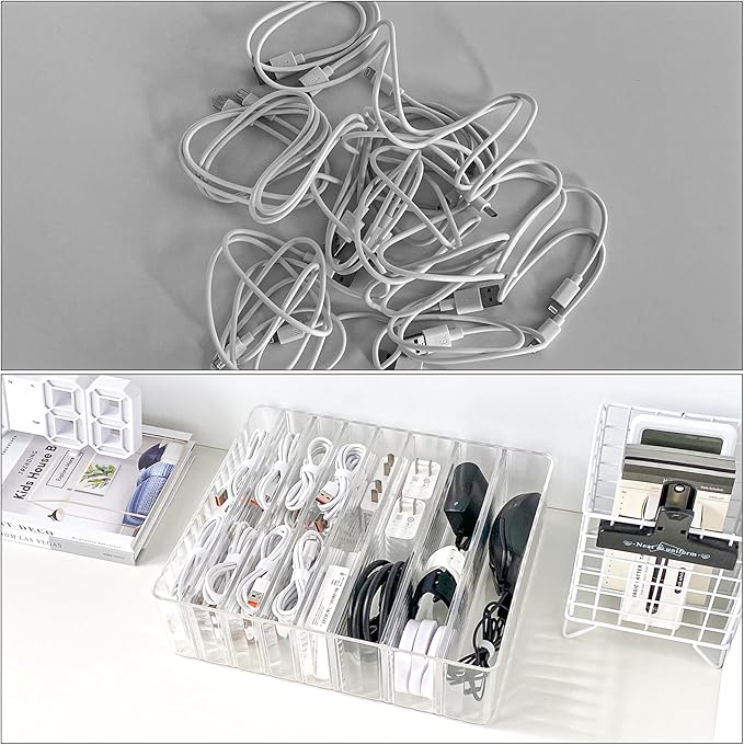 Yesesion Clear Cord Storage Box with Wire Ties, Plastic Cable Organizer for Drawer, Large Desk Accessories Case Container for Phone Charger, Battery, Art Crafts, Home Office Supplies, 2 Pack