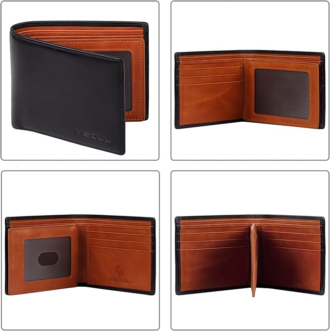 VISOUL Mens Bifold Wallet with 2 ID Windows and 2 Money Compartments, Genuine Leather Designer Wallet with RFID Blocking, Stylish Two-tone Back Wallet for Men (Black and Orange)