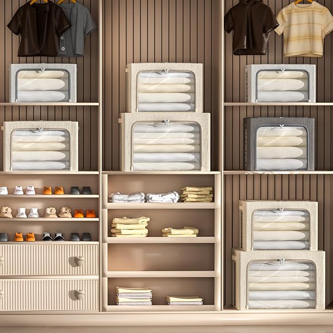 4 Pack Clothes Storage Bins with Metal Frame - Linen Fabric Foldable Stackable Container Organizer Set with Clear Window & Carry Handles & Zippers (Beige, 19.7"x15.7"x13")