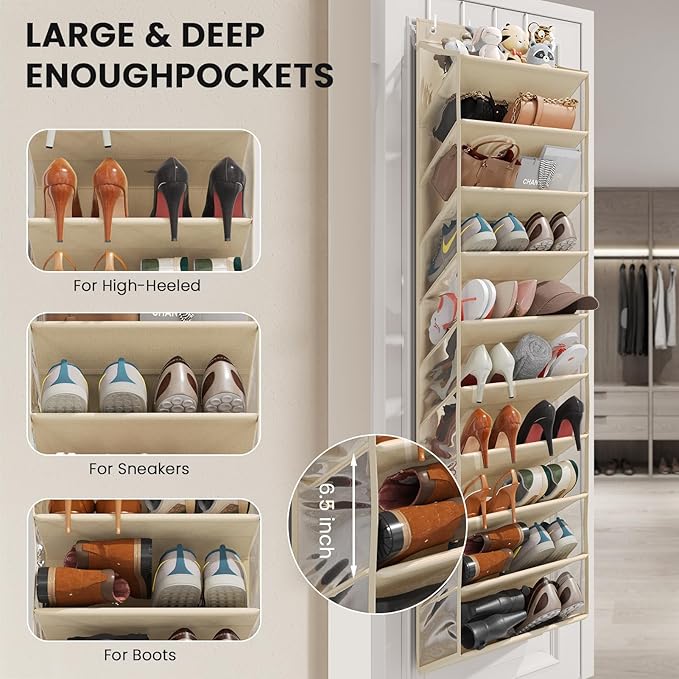 Over the Door Shoe Organizer for Closet, Shoes Rack with 10 Tier PVC Window Deep Pockets, Hanging Shoe Organizers for Boot Storage, Behind the Door Narrow Shoe Holder for Small Shoes, Beige