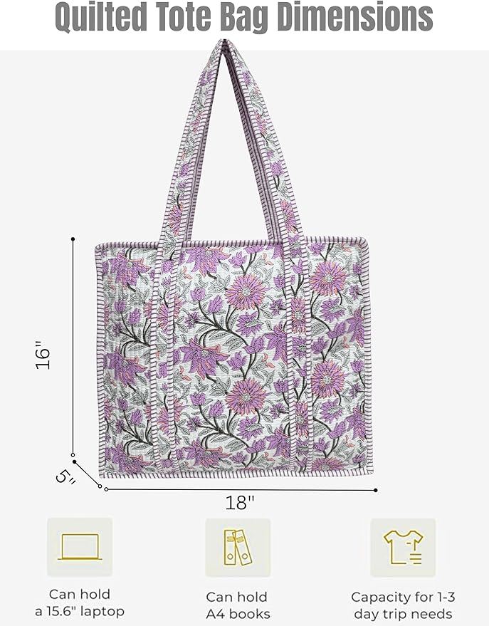 Cotton Quilted Tote Bag for Women – Large Beach & Travel Tote with Zipper, Reusable Grocery Bag