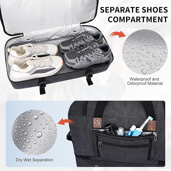 WITZMAN Canvas Weekender Bag Mens Overnight Bag for Traveling Carry on Duffle Bags with Shoes Compartment（A8010 Black）