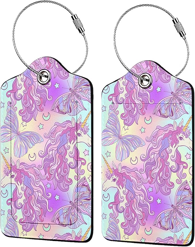 Multicolored Unicorn Luggage Tags for Suitcases,2 Pack Luggage Tag, Leather Stainless Steel Loop Label Tag for Women Girl Travel Bag Suitcase