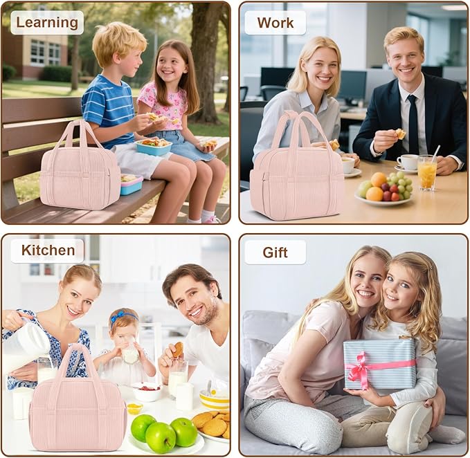 Corduroy Lunch Box Lunch Bag for Women Men, Cute Strawberry Small Insulated Reusable Work Leakproof Simple Lunch Boxes Tote Bag Adults Cooler Bag