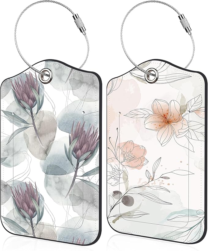 Luggage Tags for Suitcase Ink Flower 2 PCS Leather Travel Luggage Tag with Stainless Steel Loop Name ID Label Privacy Cover for Women Men Travel
