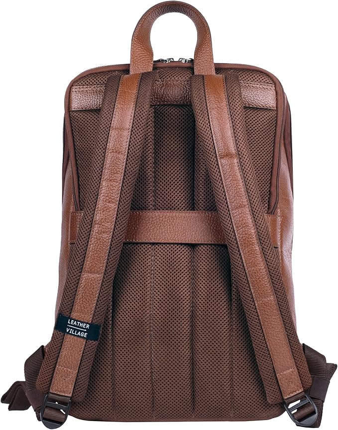 LEATHER VILLAGE Leather Laptop Backpack for Men |Brown | Slim Professional Business Bag Fits 15.6”-Laptop | Water-Repellent Work & Travel Daypack with Trolley Strap