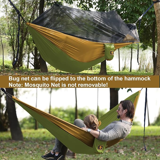 Camping Hammock with Net,Portable Lightweight Double Hammocks with Tree Straps and Solid D-Shape Carabiners,Parachute Nylon Hammock for Backpacking Beach Backyard Patio Hiking Green&Khaki