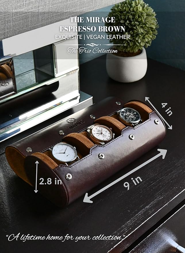 Watch Travel Case for Men Watch Roll for Travel Organizer and Display Watch Case - Swiss Espresso Vegan Leather Watch Case
