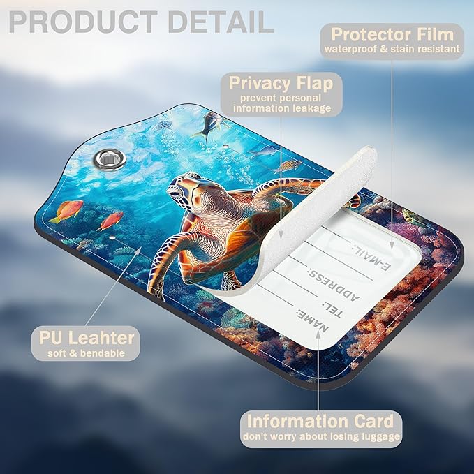 Sea Turtle Set of 2 Luggage Tags for Suitcases Leather Suitcase Tags Identifiers with Privacy Name Address Label and Stainless Steel Loop for Women Men Travel Luggage Accessories