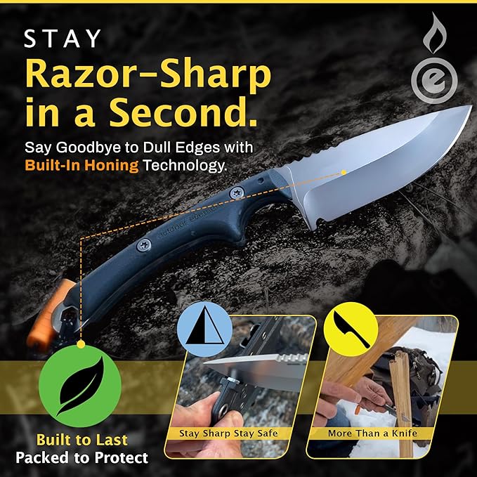 Scout Feather - Fixed Blade Survival Knife with built-in Firestarter for Camping, Hunting, Outdoor Adventure and Culinary Needs - VG10 Blade, Whistle, Knife Sharpener, Compact Sheath & G10 Handle