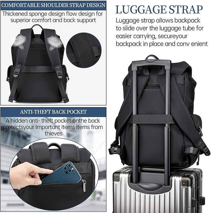 Black backpack for men, 16 inch laptop backpack with computer compartment, Drawstring slim waterproof tech backpack for travel, work, college or daily use, Large 30 L