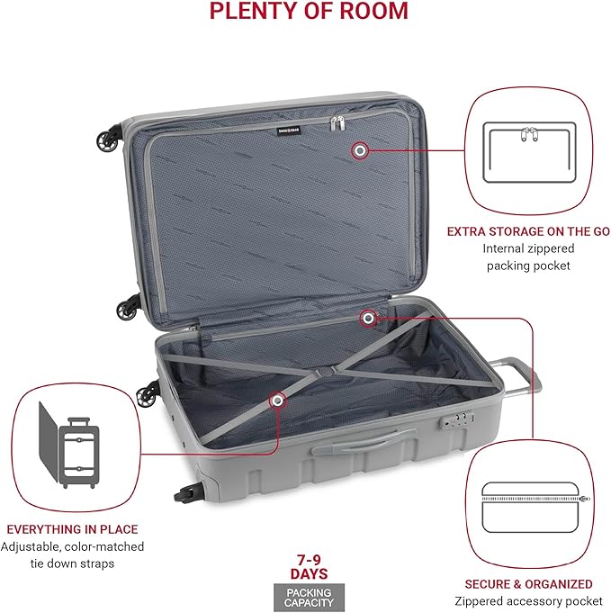 SwissGear 7366 Hardside Expandable Luggage with Spinner Wheels, Grey, Checked-Large 27-Inch