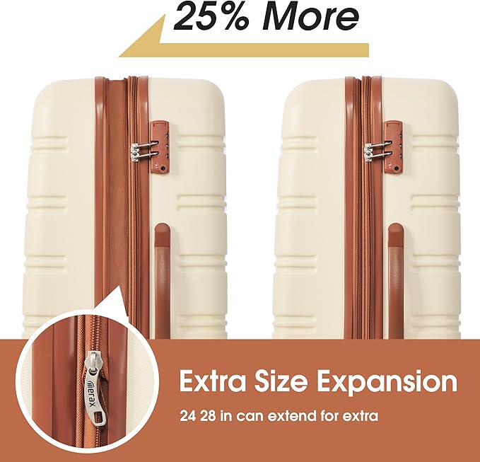 Merax Luggage Sets Carry on Suitcase Airline Approved,Hard Case Expandable Spinner Wheels, White and Brown, 3-Piece Set (20+28IN+Bag)