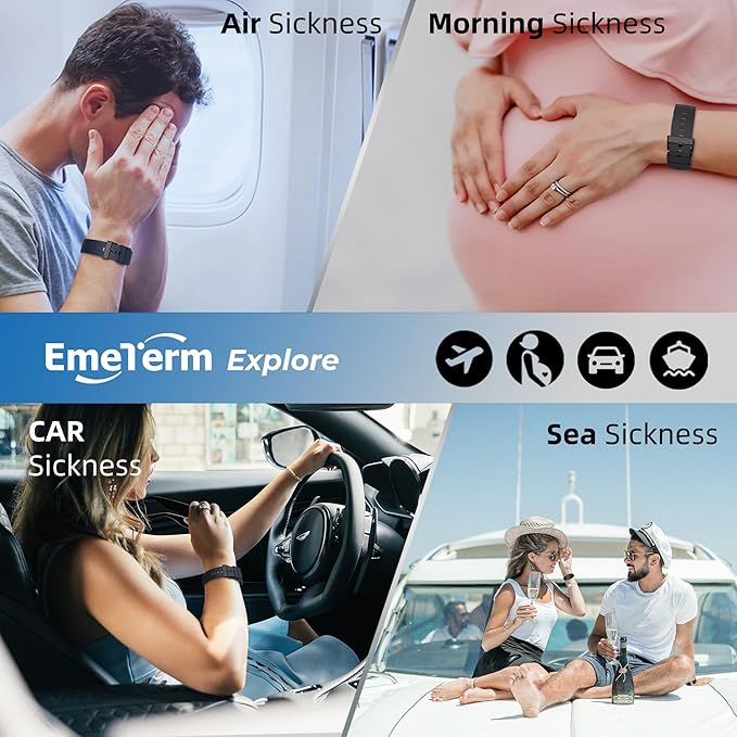 EmeTerm Explore FDA-Cleared Anti-Nausea Wristband IP67 Waterproof Morning Motion Sickness Relief Band Rechargeable Classic Strap Design Drug Free Non-drowsy Without Side Effects Galaxy Black