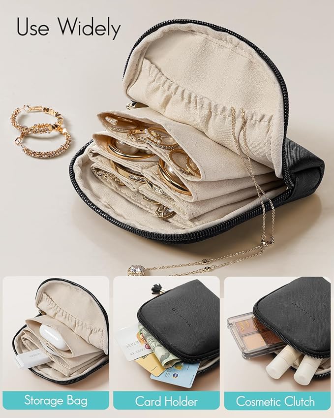 Vlando Small Jewelry Travel Case,Jewelry Pouch Bags with Zipper,Velvet Jewelry Organizer Storage Bag for Bracelet Rings Earring Travel Essentials Gifts for Women Girl-Black