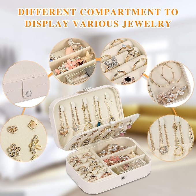 Travel Jewelry Box, PU leather Small Jewelry Organizer For Female Girls, double layer portable mini travel case for storing earrings, rings, necklaces.(white 2pcs)