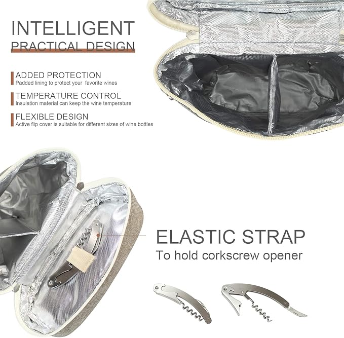 ZORMY 2 Bottle Insulated Wine Carrier Bag for Travel, Wine Carrier Tote Cooler Bag with Shoulder Strap & Corkscrew Opener, Perfect Wine Lover's Gift, Great for Picnics and Outdoor Entertaining