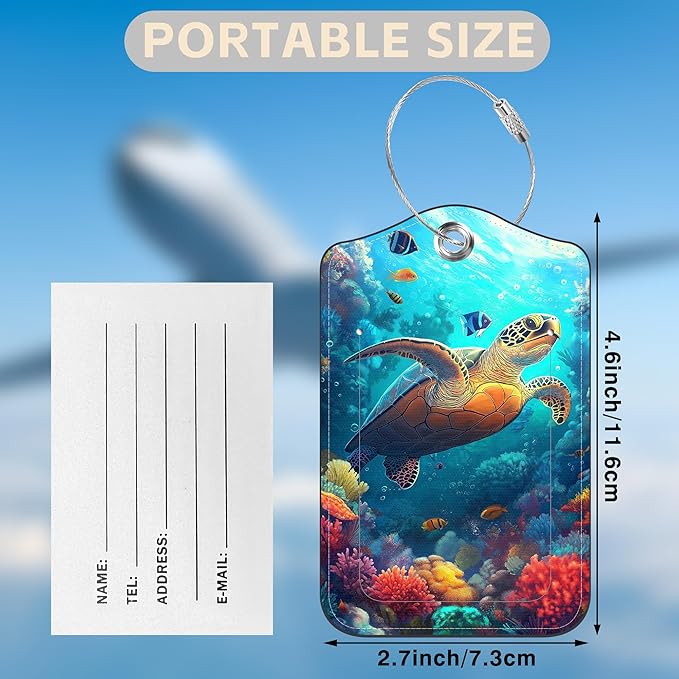 Sea Turtle Set of 2 Luggage Tags for Suitcases Leather Suitcase Tags Identifiers with Privacy Name Address Label and Stainless Steel Loop for Women Men Travel Luggage Accessories
