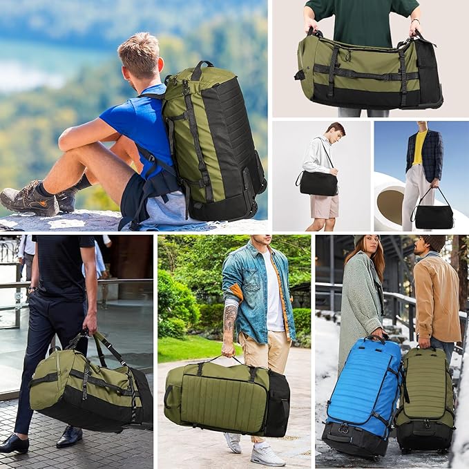 Rolling Duffle Bag with Wheels,86L 30”Folding Duffle Backpack with 2 Wheels,Travel Bag with Separate Shoe Compartment,Green