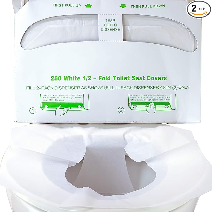 Biodegradable Half-Fold Toilet Seat Covers 500 Pk. Self-Flushing, Disposable Potty Papers Keep Toilets Clean and Family Healthy. Sanitary Paper Safety Covers for Commercial, Home, Travel and Kids Use