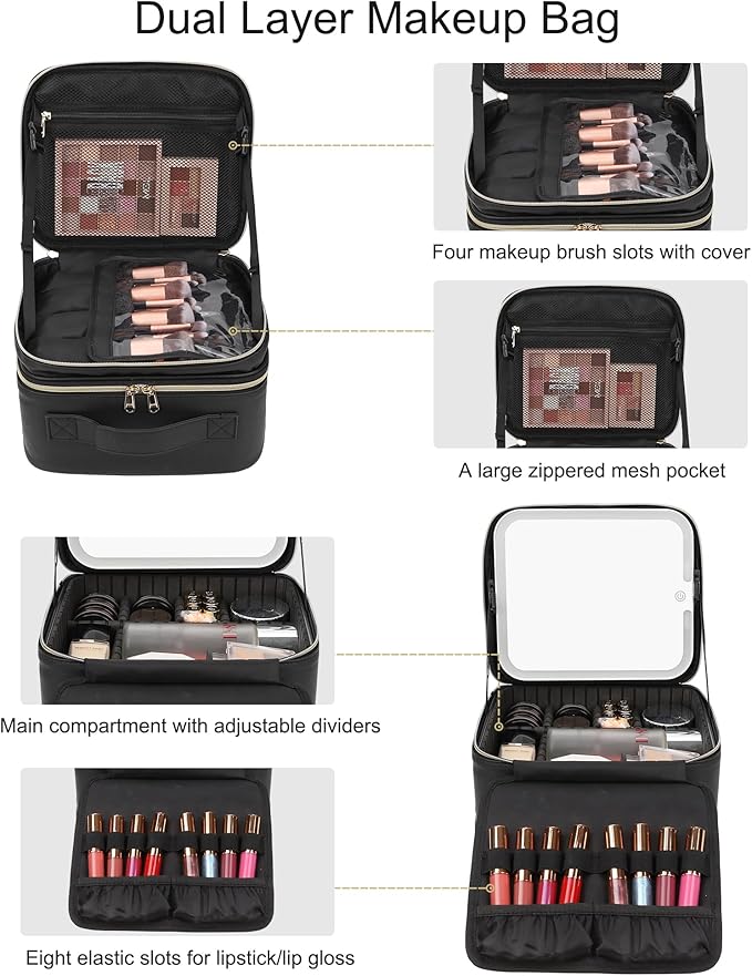 Relavel Makeup Bag with LED Mirror, Travel Makeup Case with Rechargeable Lighted Mirror 3 Color Lights, Dual Layer Cosmetic Box Makeup Brush Lipstick Holder Organizer for Women, Leather Black