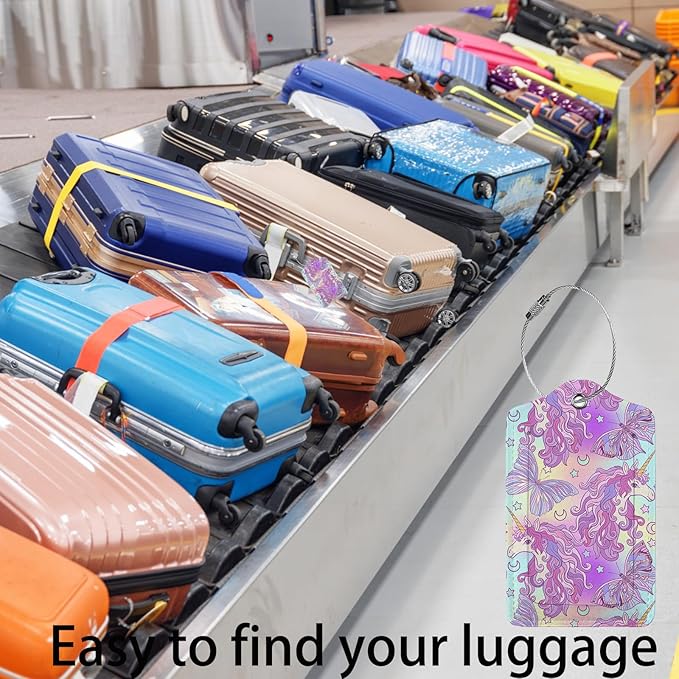 Multicolored Unicorn Luggage Tags for Suitcases,2 Pack Luggage Tag, Leather Stainless Steel Loop Label Tag for Women Girl Travel Bag Suitcase