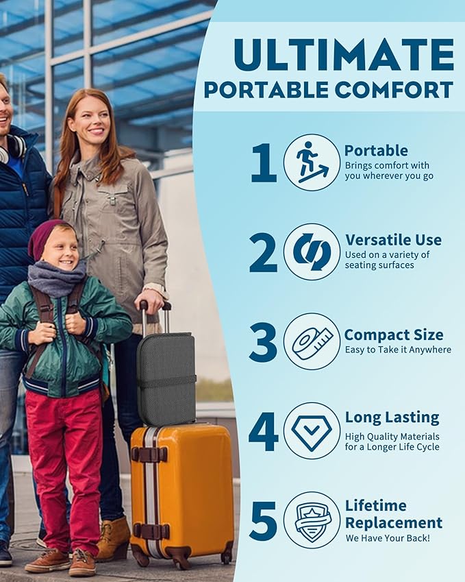 Gel Travel Seat Cushion, Portable Airplane Seat Cushion, 14.5" x 10.5" Thick & Foldable for Airplane Seats, Office Chair, Camping, Bleachers, Flights, Commute (Dark Grey)