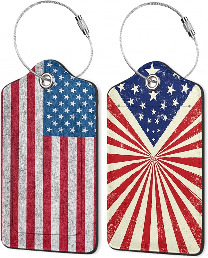 Luggage Tags for Suitcase,American Flag Luggage Tags of Set 2 Leather Identifiers Privacy Cover with Stainless Steel Loop for Women Men Travel Bag Suitcase