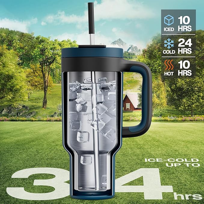 POWCAN 40 oz Tumbler with Handle, 2-in-1 Straw and Sip Lid, Leakproof, Dishwasher Safe, Insulated Stainless Steel Travel Coffee Mug, Keeps Cold for 34 Hours, Fits in Car Cup Holder (Deepsea)