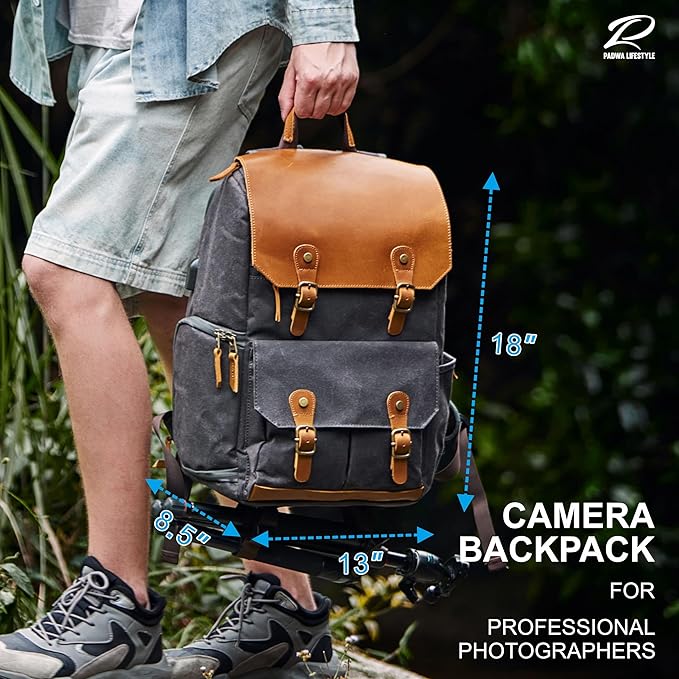 Padwa Lifestyle Black Gray Camera Backpack - Weather Resistant Waxed Memory Canvas Camera Backpacks for Photographers,Multi DSLR SLR Camera Bag with 16” Laptop & Lens Compartment and Tripod Holder
