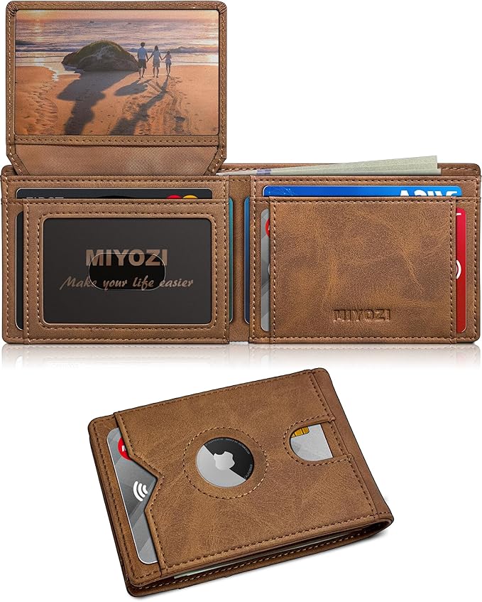 Airtag Wallet for Men,with Cash Pocket 2 ID Window 13 Cards,Slim Leather Wallet Front Pocket Card Holder RFID Blocking with Gift Box