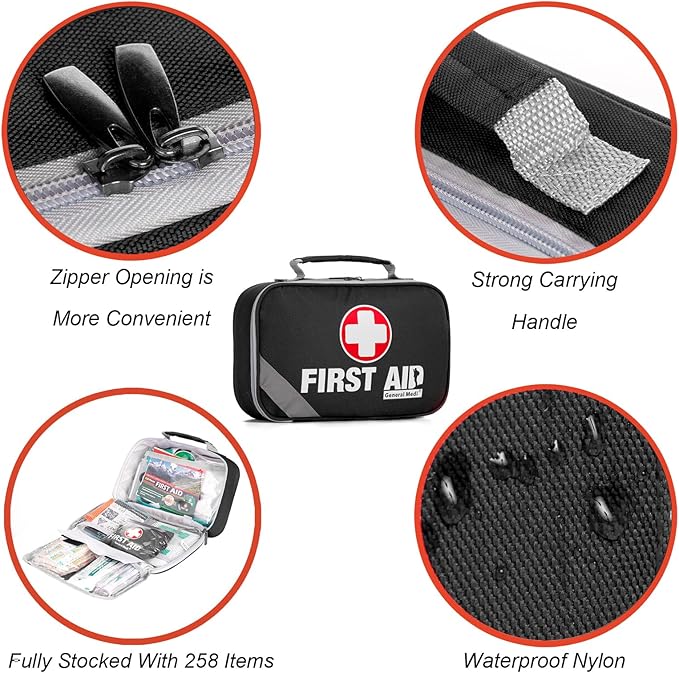General Medi 2-in-1 First Aid Kit (215 Piece Set) + 43 Piece Mini First Aid Kit -Includes Ice(Cold) Pack, Moleskin Pad and Emergency Blanket for Travel, Home, Office, Car, Workplace(Black)