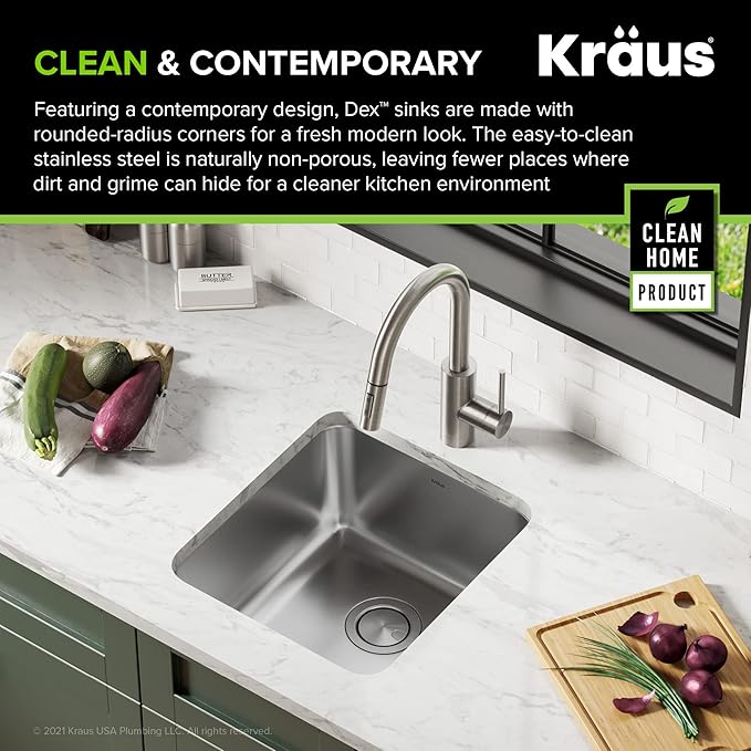 KRAUS Dex 17-inch Undermount 16 Gauge Stainless Steel Single Bowl Kitchen Sink, KA1US17B