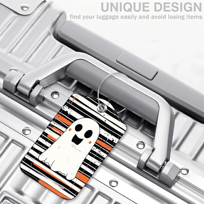 Halloween Set of 2 Luggage Tags Cute Ghost on Black and White Stripes Luggage Tags for Suitcases Leather Suitcase Tags with Privacy Name Address Label and Stainless Steel Loop for Women Men Travel Bag