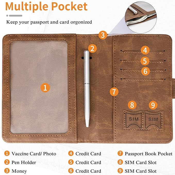 TIGARI Passport Holder for Travel Women Men, PU Leather Waterproof RFID Passport Holder Wallet Cover Case Sleeve, Family Vacation Plane Cruise Travel Document Organizer Essentials-Brown