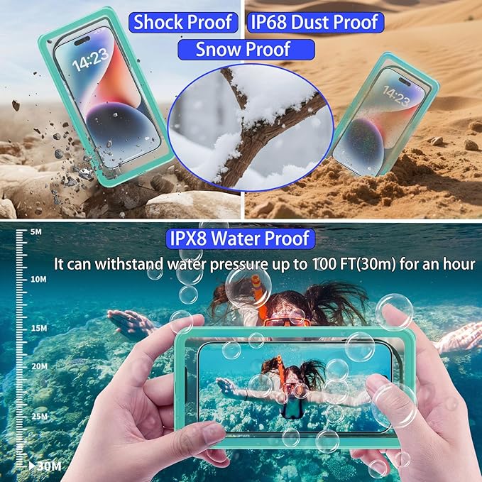Waterproof Phone Pouch for Snorkeling with Lanyard IPX8 Waterproof Phone Case Underwater Touch/Photo Shockproof Heavy Duty Drop-Proof for iPhone 16 Pro Max/15/14/13 All Cell Phones-Green