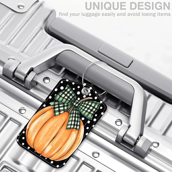 2 Pcs Pumpkin with Checkered Bow Luggage Tags for Suitcases Polka Dots PU Leather Baggage Tags Name ID Label with Privacy Cover and Stainless Steel Loop for Men Women Travel Bag Suitcase