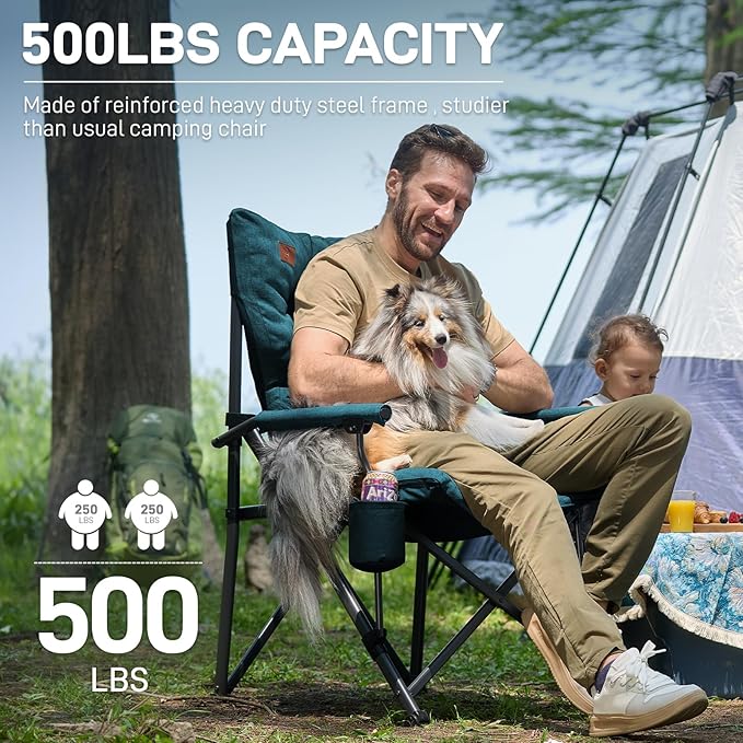 EVER ADVANCED Padded Oversized Folding Camping Chair for Adults, Heavy Duty Lawn Chair with Side Pockets, Portable Collapsible Quad Chair for Outside, Support Up to 500lbs, Green