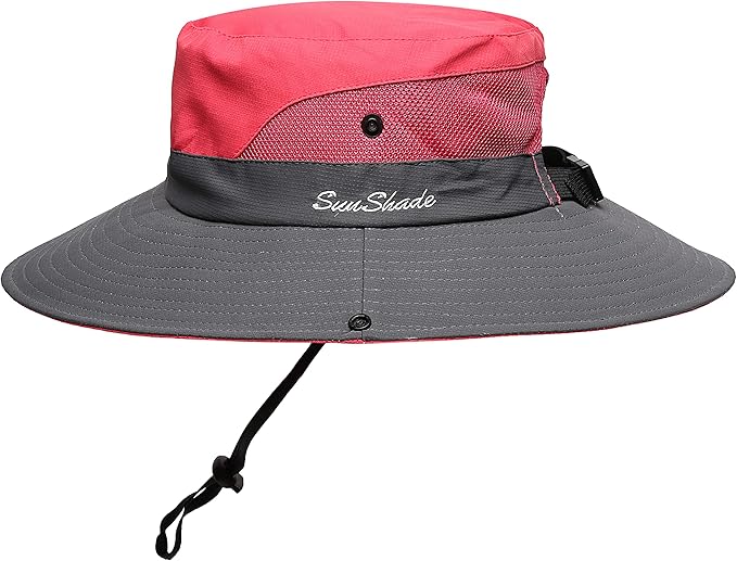 Womens Summer Sun Hat Beach Hat Wide Brim Outdoor UV Protection Hat Foldable Cool Mesh Ponytail Bucket Hat