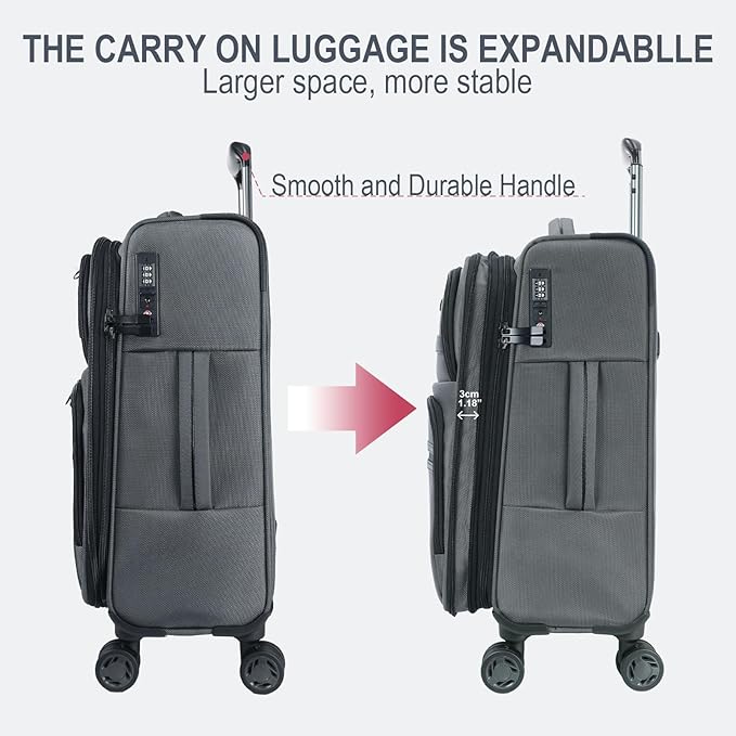KROSER Softside Expandable Carry On Luggage with Spinner Wheels & Built-in TSA Lock, Durable Suitcase Rolling Luggage with USB Port, Carry-On 20-Inch, Grey