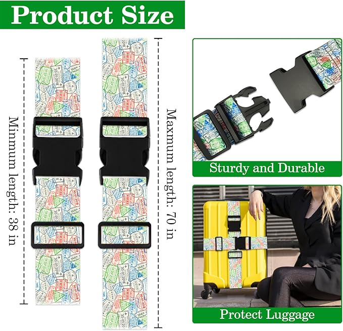 Luggage Straps for Suitcases TSA Approved, Luggage Identifiers for Suitcase, Adjustable Suitcase Strap for Baggage Security with Cute Patten, Travel Necessary Accessories (Travel Stamps)