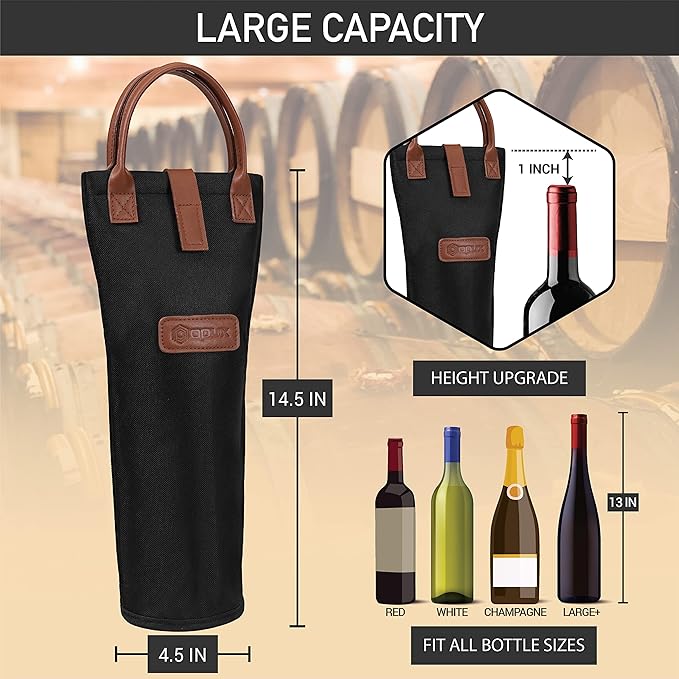 opux Wine Bag Single Bottle Carrier Tote, Insulated Travel Wine Cooler Bag for Picnic Beach Gift, Thermal Padded Portable One Bottle Holder Carrying Case for Women Men Wine Lovers, Black