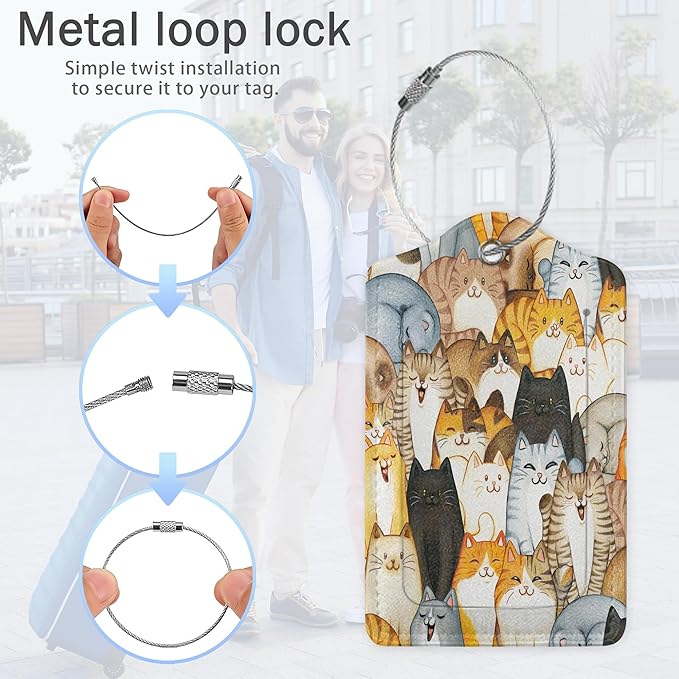 Cartoon Cats Luggage Tags,2 Pack Luggage Tag,Leather Privacy Cover ID Label with Stainless Steel Loop for Women Men Kids Girls Travel