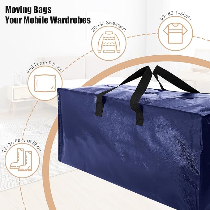 Heavy Duty Moving Bags with Backpack Straps and Strong Handles, Alternative to Moving Boxes and Storage Totes for Dorm Room Essentials, 6 Pack, Blue