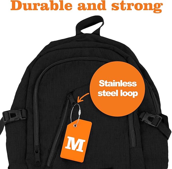 8 Pcs Luggage Tags for Suitcases, 26 Initial Letter Travel Luggage Baggage Identification Labels ID Tags Fully Bendable Tags with Stainless Steel Loop (Letter M, Orange)